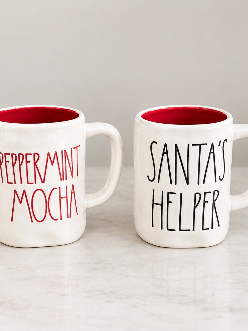 Rae Dunn White Ceramic Mug with Red Interior - Santa's Helper & Peppermint Mocha